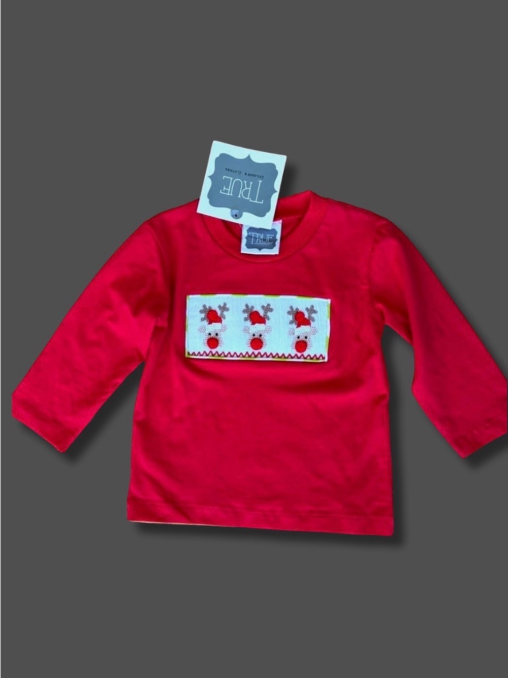 TRUE Kids NWT 12M Christmas Smocked Rudolph Reindeer Santa Shirt Red Holiday